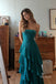 Strapless Emerald Green Chiffon Prom Dress, Lace Back Asymmetrical Ruffle Formal Evening Gown,PD4363