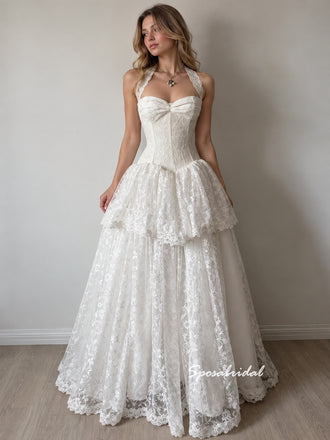 Halter Sweetheart Bow Floral Lace Wedding Dress, Tiered Ball Gown Bridal Gown, WD3153