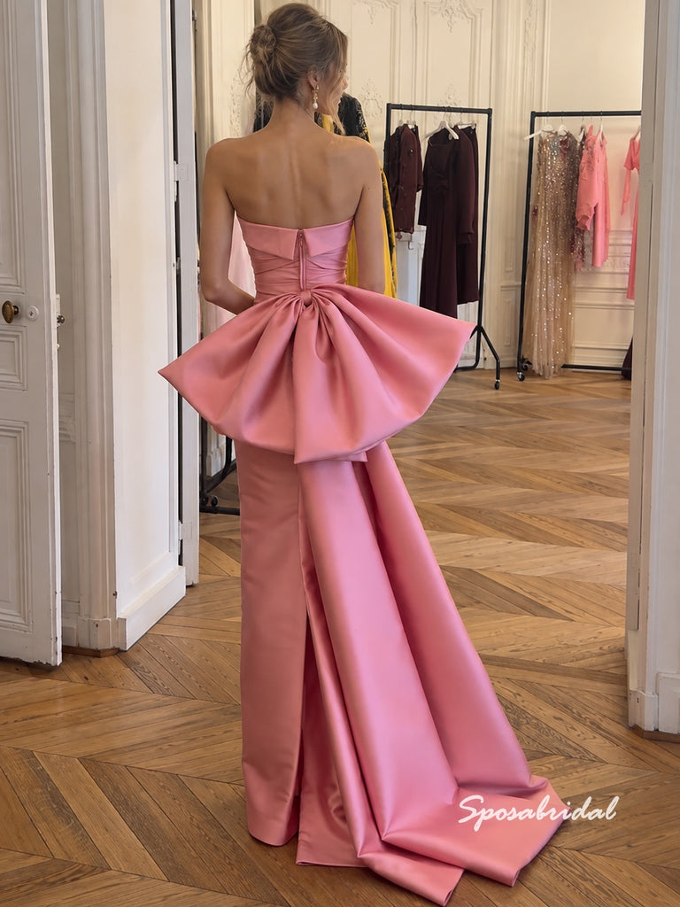 Strapless Ruched Satin Mermaid Evening Dress, Big Back Bow Pink Formal Gown, PD4378