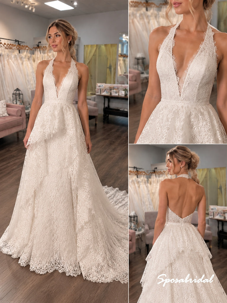 Halter Deep V Lace A Line Wedding Dress, Open Back Bridal Gown, WD3157