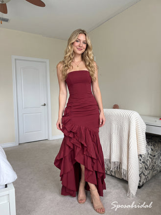 Burgundy Strapless Ruffled High Low Dress, Ruched Floor Length Formal Gown,PD4343