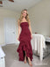 Burgundy Strapless Ruffled High Low Dress, Ruched Floor Length Formal Gown,PD4343