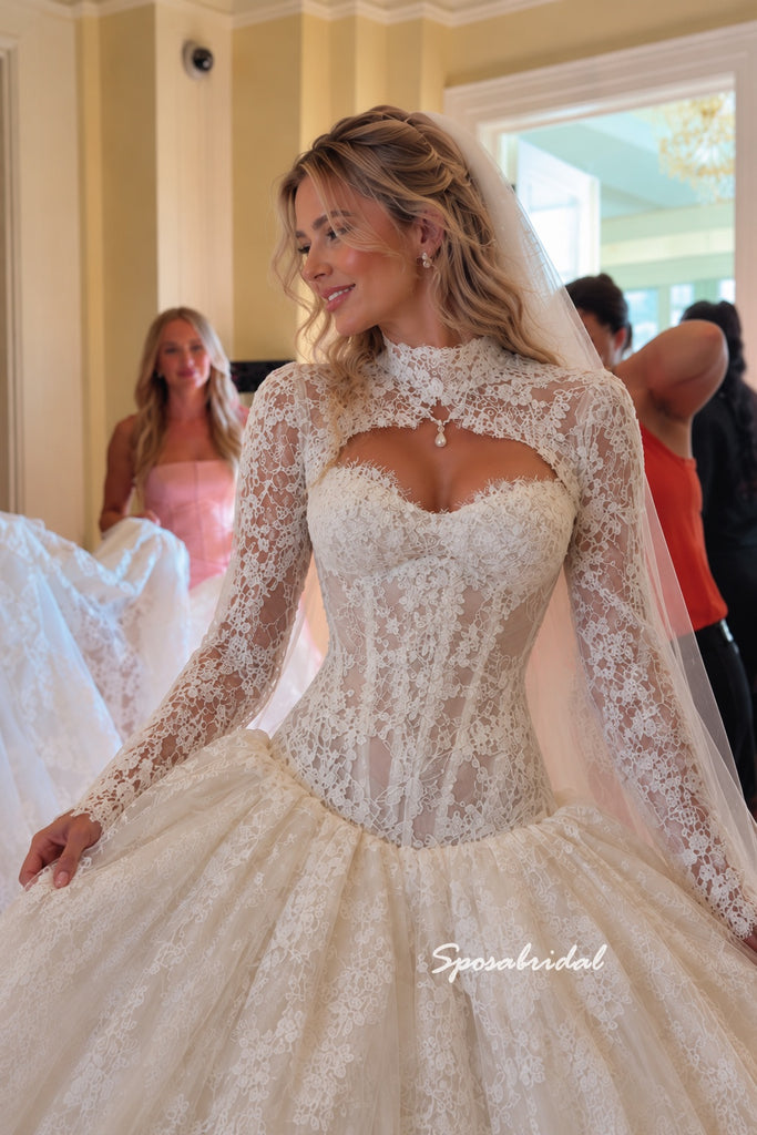High Neck Cutout Long Sleeve Lace Wedding Dress, Voluminous Ball Gown Bridal Gown, WD3155