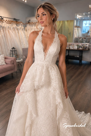 Halter Deep V Lace A Line Wedding Dress, Open Back Bridal Gown, WD3157
