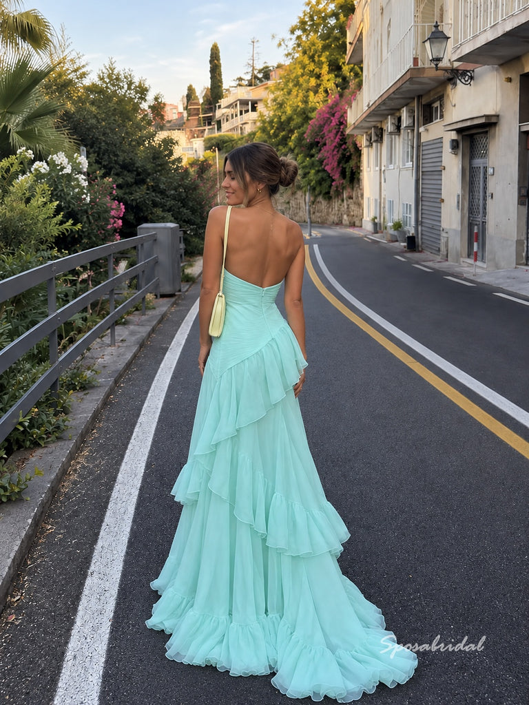 Strapless Mint Green Chiffon Prom Dress, Twist Bust Ruffled High Low Formal Evening Gown,PD4364