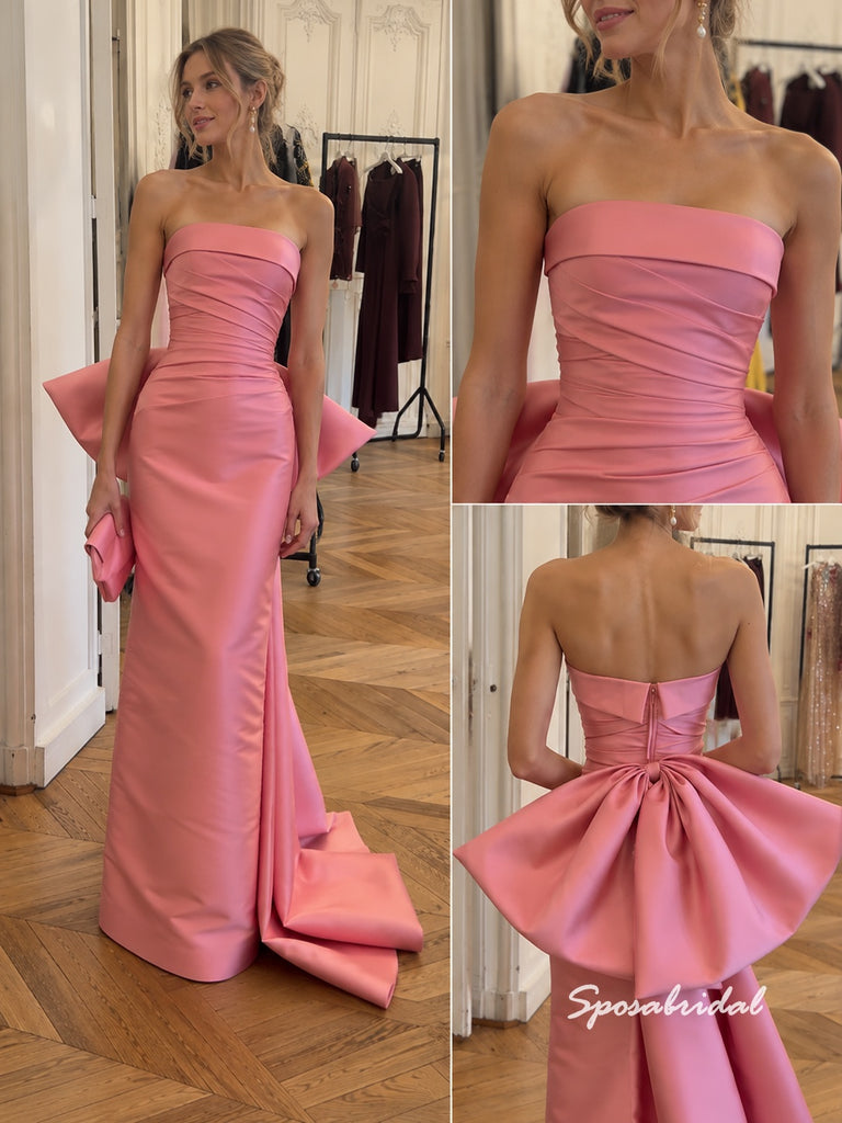 Strapless Ruched Satin Mermaid Evening Dress, Big Back Bow Pink Formal Gown, PD4378