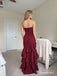 Burgundy Strapless Ruffled High Low Dress, Ruched Floor Length Formal Gown,PD4343