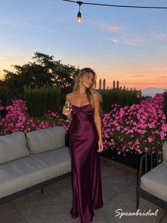 Plum Cowl Neck Satin Slip Dress, Spaghetti Straps Floor Length Formal Gown,PD4344
