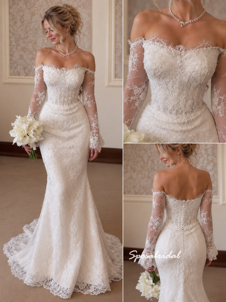 Off The Shoulder Long Sleeve Lace Wedding Dress, Mermaid Fit Bridal Gown, WD3154