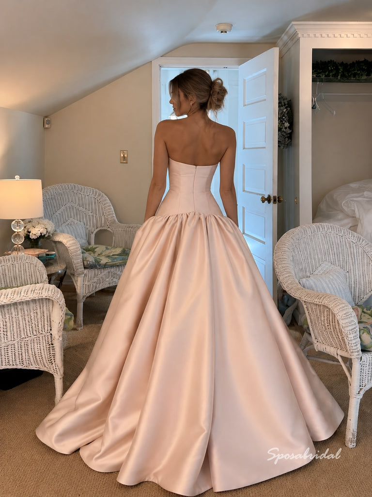 Strapless Blush Satin Ball Gown, Open Back Voluminous A-Line Formal Prom Evening Dress,PD4364