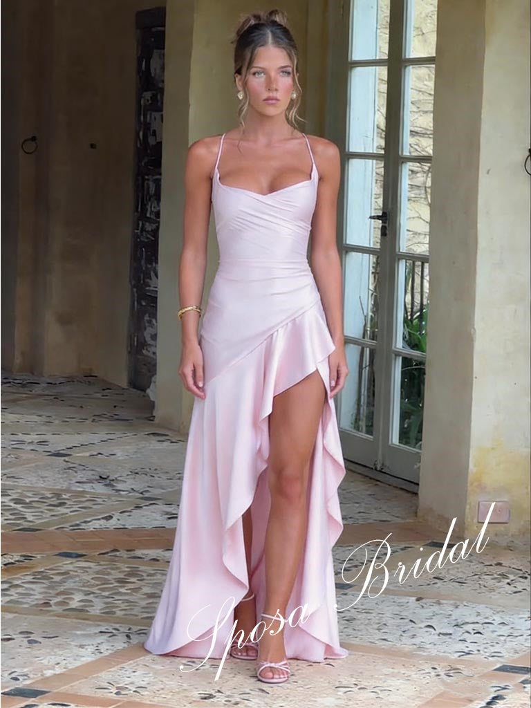 Sexy Soft Satin Spaghetti Sleeveless Ruffled Split A-Line Floor Length Prom Dress, PD4101