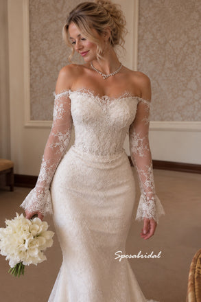 Off The Shoulder Long Sleeve Lace Wedding Dress, Mermaid Fit Bridal Gown, WD3154