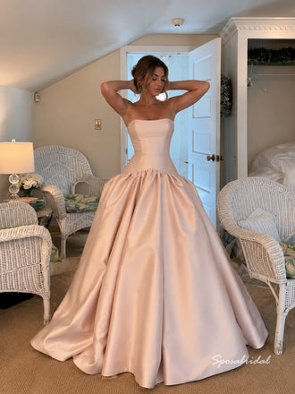 Strapless Blush Satin Ball Gown, Open Back Voluminous A-Line Formal Prom Evening Dress,PD4364