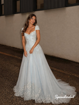 Light Blue Beaded Tulle A Line Evening Dress, Sweetheart Cap Sleeve Formal Gown, PD4387