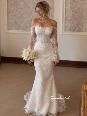 Off The Shoulder Long Sleeve Lace Wedding Dress, Mermaid Fit Bridal Gown, WD3154