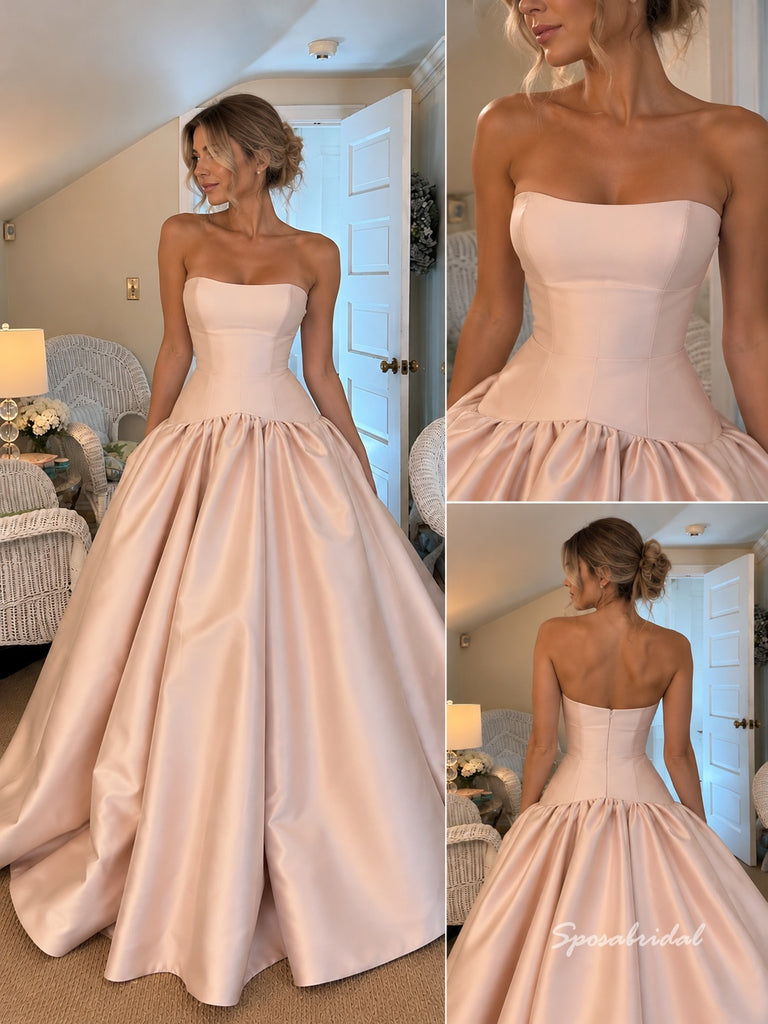 Strapless Blush Satin Ball Gown, Open Back Voluminous A-Line Formal Prom Evening Dress,PD4364