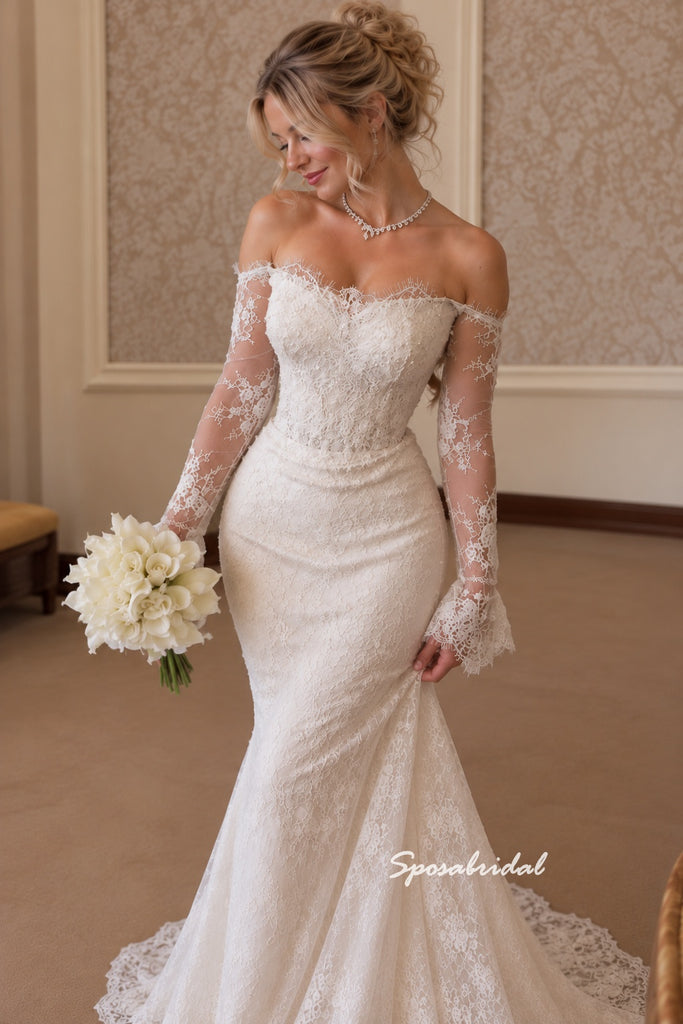 Off The Shoulder Long Sleeve Lace Wedding Dress, Mermaid Fit Bridal Gown, WD3154