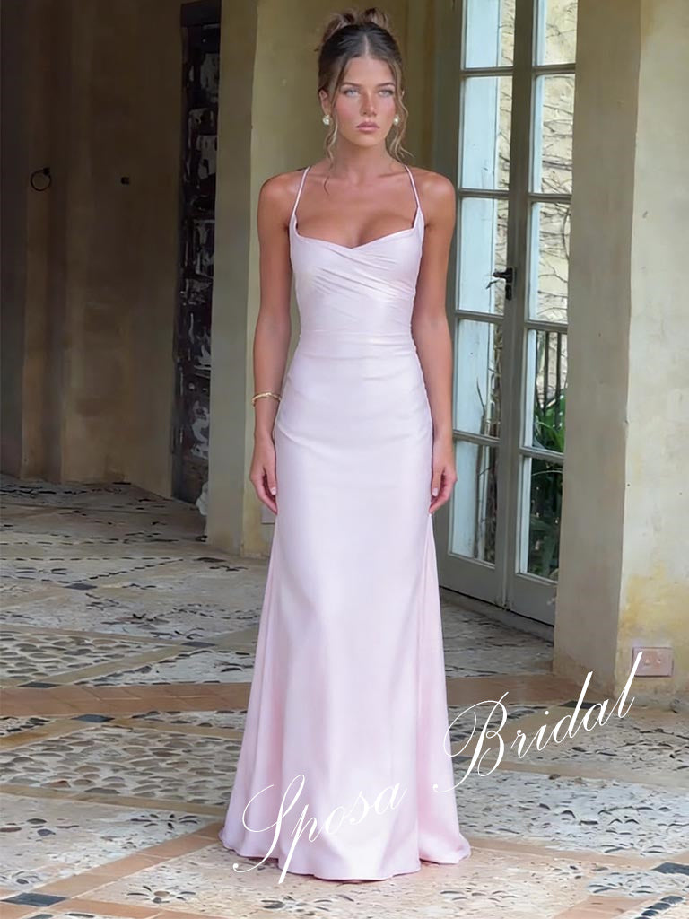 Sexy Soft Satin Spaghetti Sleeveless Mermaid Floor Length Prom Dress, PD4102