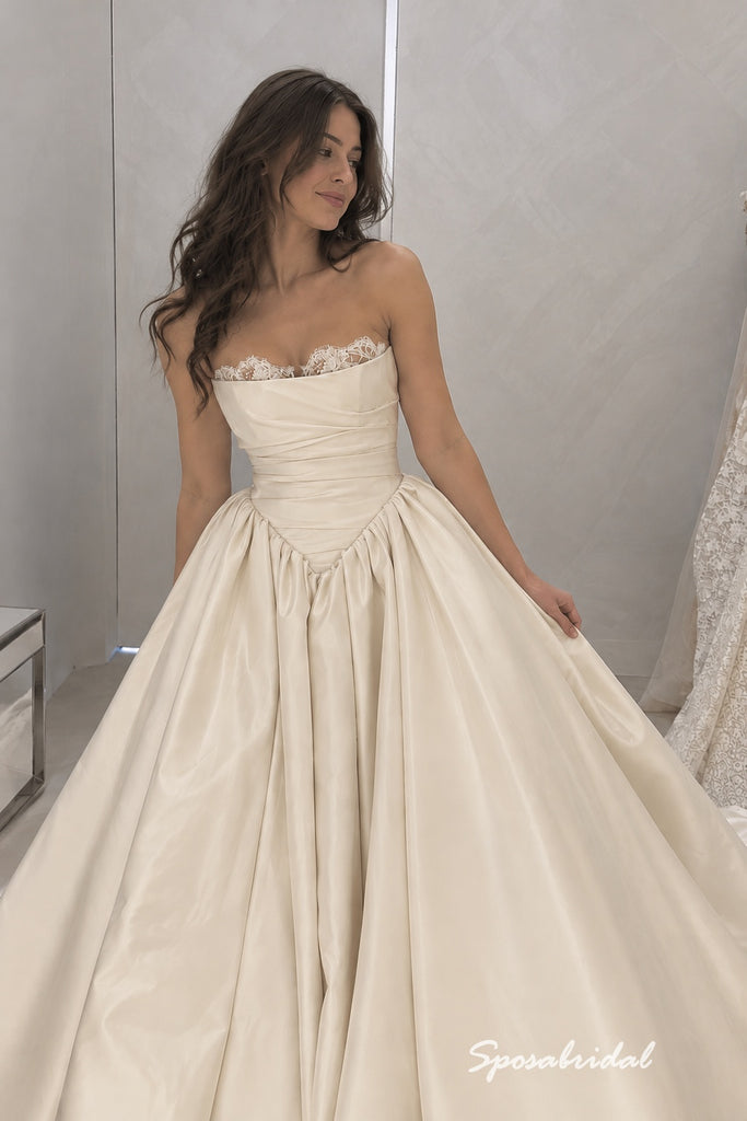 Strapless  Satin Wedding Dress, Lace Trim Corset Ballgown Bridal Gown, WD3144