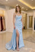 Light Blue Sweetheart Beaded Satin Evening Dress, Strapless Ruched High Slit Floor Length Mermaid Gown,PD4347