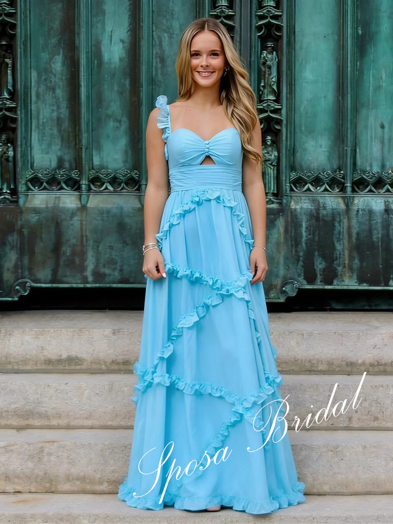 Sexy Chiffon Spaghetti Straps Sleeveless Lace Up Back Ruffled A-Line Floor Length Prom Dress, PD4103