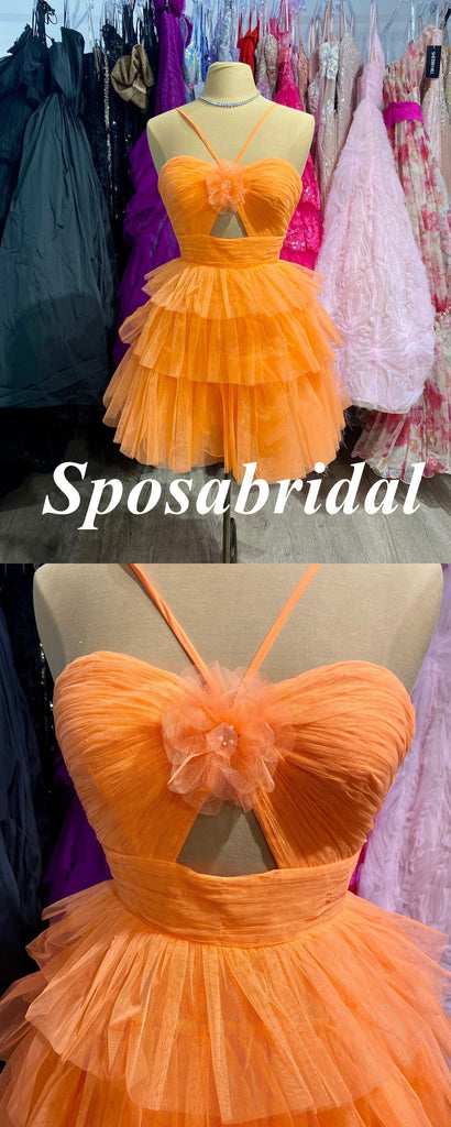 Sexy Orange Tulle Halter Sleeveless A-Line Mini Dresses/ Homecoming Dresses, PD3635