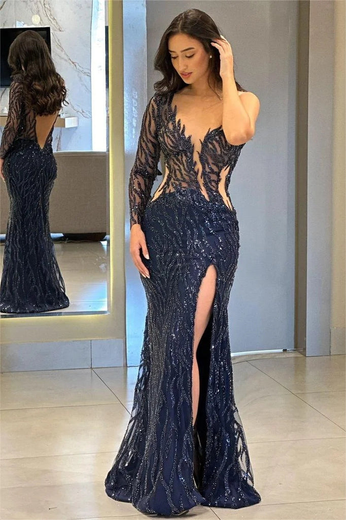 Sexy One Shoulder Long Sleeves Beaded Mermaid Maxi Prom Dress Wedding Party Dress, PD4042