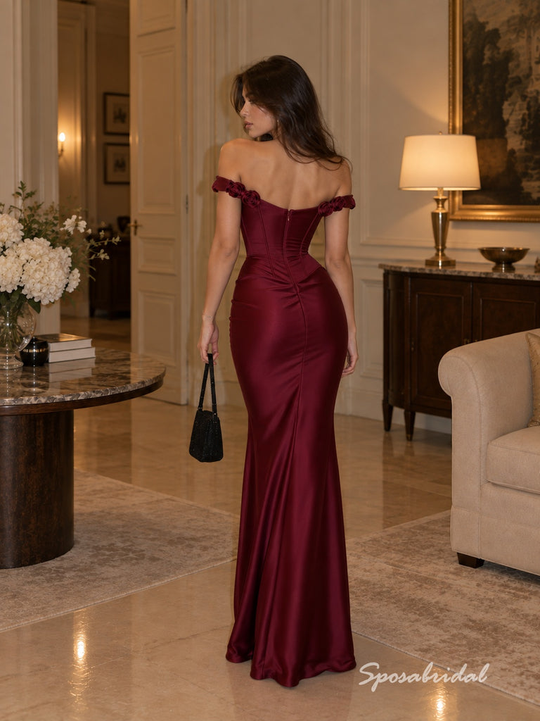 Burgundy Off Shoulder 3D Floral Satin Evening Dress, Corset Ruched Floor Length Mermaid Gown,PD4348