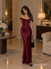 Burgundy Off Shoulder 3D Floral Satin Evening Dress, Corset Ruched Floor Length Mermaid Gown,PD4348