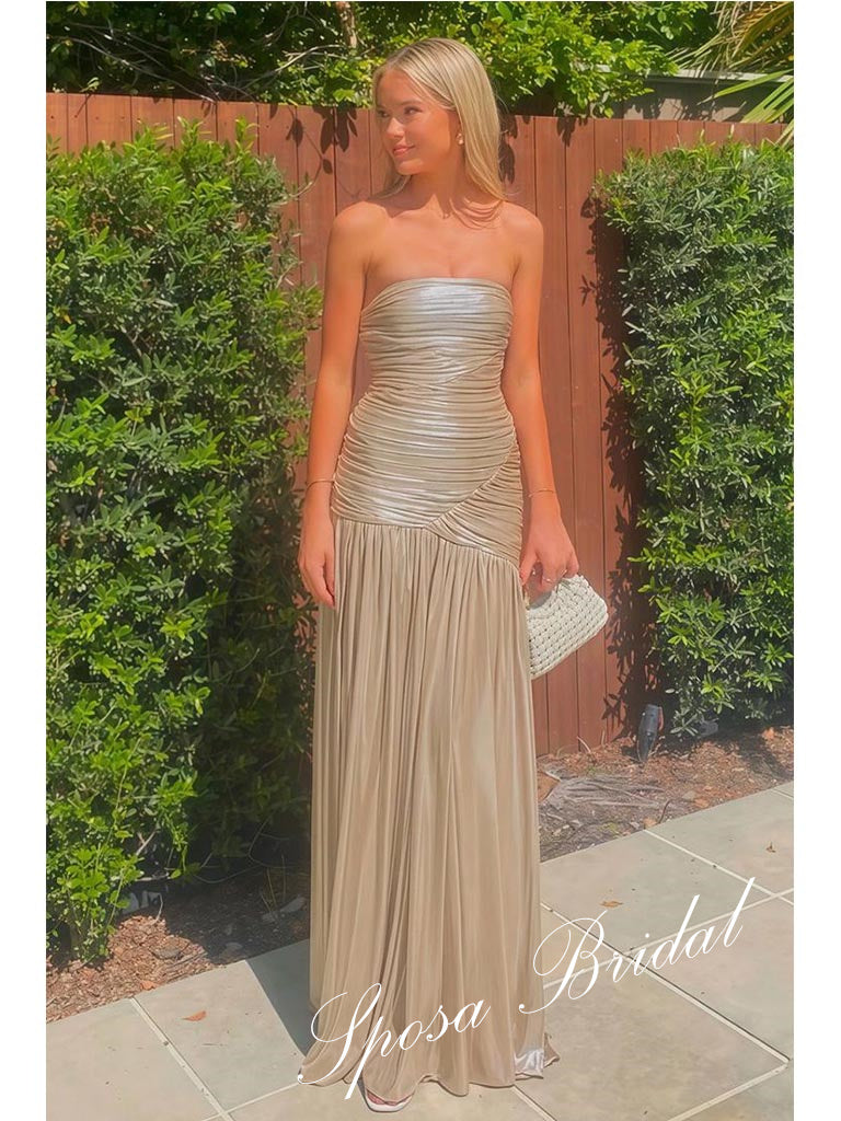 Shiny Metallic Stretch Fabric Sweetheart Sleeveless A-Line Floor Length Graduation Dress, PD4081