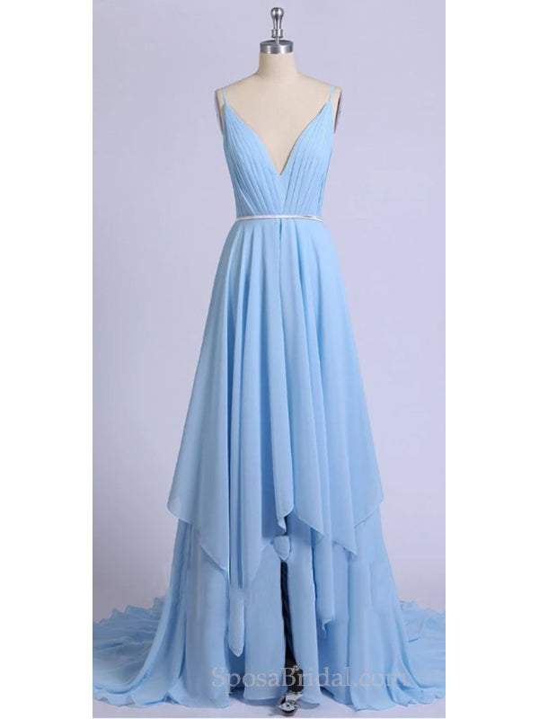 Sexy Baby Blue Spaghetti Strap Side-slit Backless Prom Dresses, PD0483