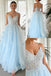 Sexy Tulle Spaghetti Straps V-Neck Sleeveless A-Line Floor Length Prom Dress With Appliques, PD4106