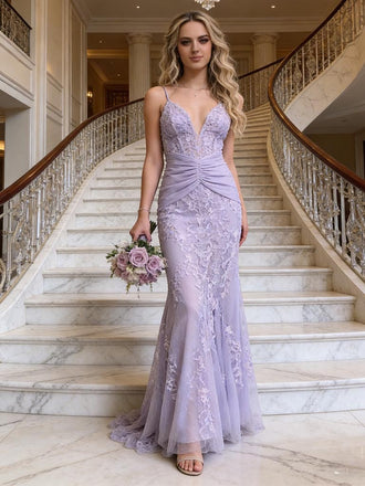 Sexy Tulle Lace Spaghetti Straps Sleeveless Mermaid Floor Length Prom Dress, PD4105