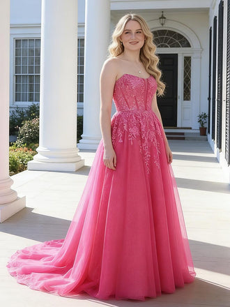 Hot Pink Strapless Lace Sequin Tulle Ball Gown, Formal Prom Dress with Boning, PD4136