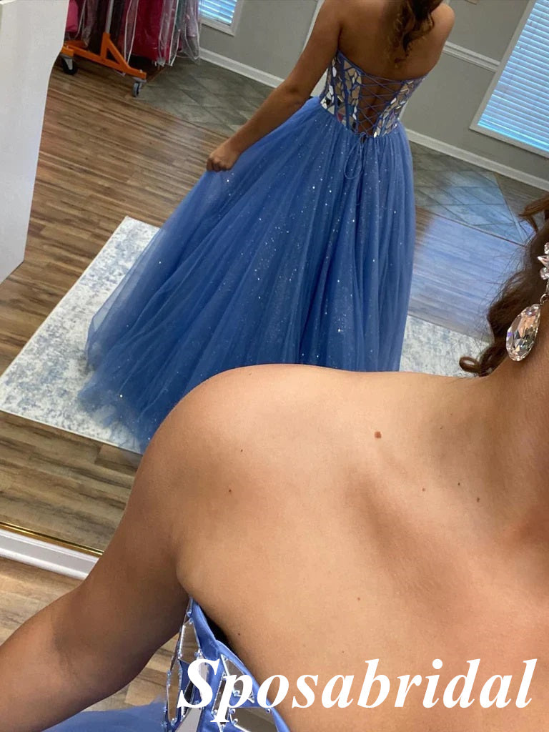 Sexy Dusty Blue Tulle Sweetheart V-Neck Sleeveless A-Line Long Prom Dresses With Beading, PD3817