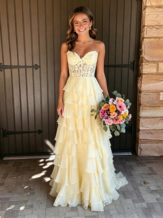 Cream Strapless Lace Corset Tiered Ruffle Wedding Dress Bridal Gown, PD4232