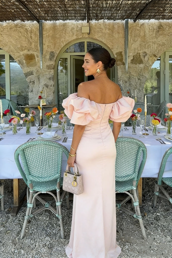 Sweet Satin Off Shoulder Sleeveless Mermaid Maxi Prom Dress with Ruffles, PD4045