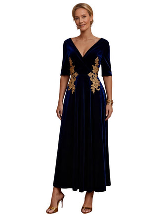 Elegant Velvet Half Sleeves Ankle-Length A-Line Mother Of The Bride Dresses, SFM005