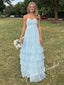 Elegant Chiffon Spaghetti Straps Ruffled Criss Cross A-Line Floor Length Prom Dress, PD4089