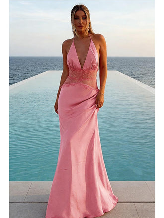 Elegant Pink Soft Satin Sheer Lace Waist Criss Cross Mermaid Maxi Dress for Prom & Formal Event, PD4176