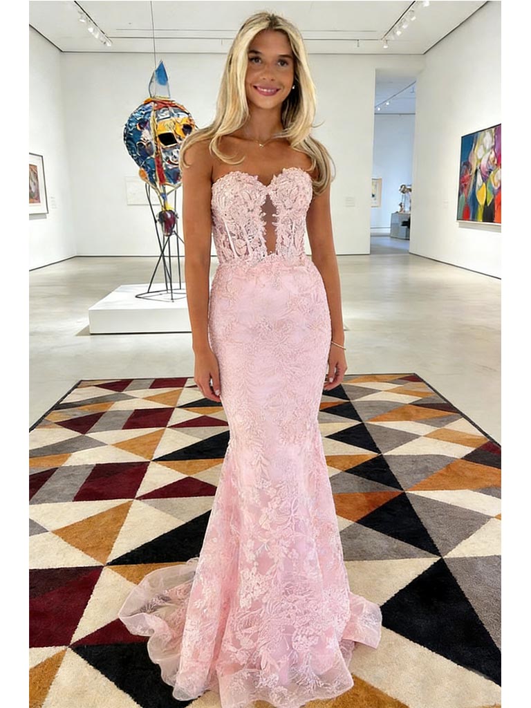 Sexy Candy-Pink Tulle Lace Sweetheart Boning Mermaid Floor Length Prom Dress, PD4112