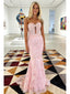 Sexy Candy-Pink Tulle Lace Sweetheart Boning Mermaid Floor Length Prom Dress, PD4112