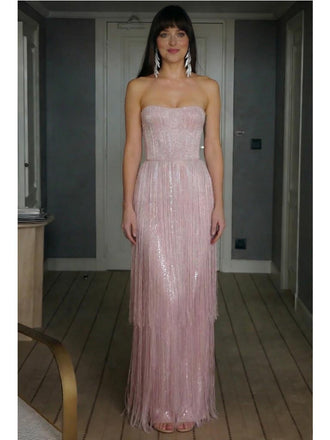 Blush Fringe Sequin Prom Dress | Strapless Red Carpet Style Evening Gown, PD4147