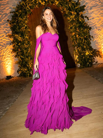 Flowy Fuchsia Off Shoulder Ruffle Chiffon Formal Evening Gown for Wedding&Gala&Party, PD4230
