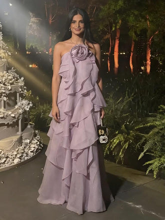 Elegant Lavender Strapless Ruffled Gown with 3D Floral Detail for Formal Events & Prom, PD4190