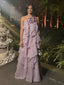 Elegant Lavender Strapless Ruffled Gown with 3D Floral Detail for Formal Events & Prom, PD4190