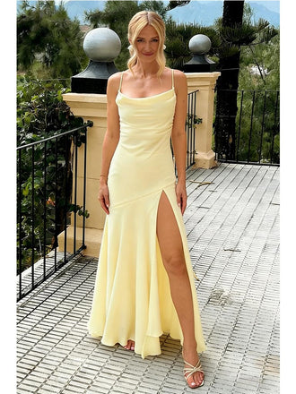 Stunning Butter Yellow Soft Satin Spaghetti Straps Mermaid Prom Dress with High Slit for Formal Events & Weddings, PD4198