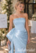Elegant Sky Blue Satin Strapless Bridesmaid Gown With Beaded Bust And Draped Side Bow, PD4290