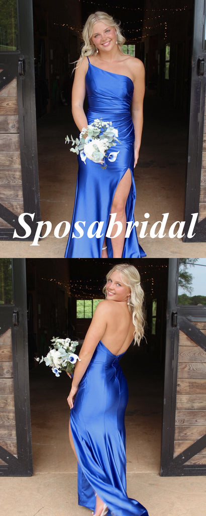 Sexy Soft Satin Royal-Blue One Shoulder Sleeveless Side Slit Mermaid Long Prom Dresses, PD3933
