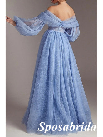Sparkly Tulle Off Shoulder Long Sleeves Side Slit A-Line Long Prom Dresses, PD3909